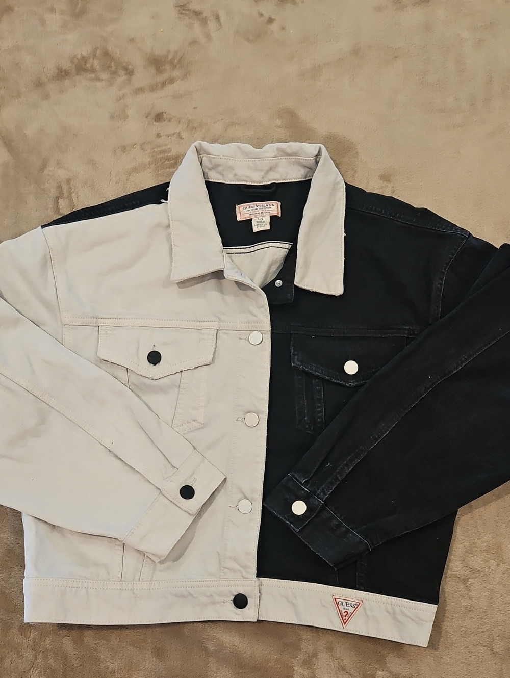 Guess Two-Tone Black and Cream Colorblock Denim Jacket